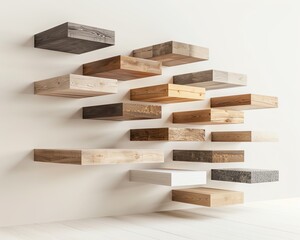 Conceptual design of parquet samples floating above a minimalist background, showcasing modern flooring options
