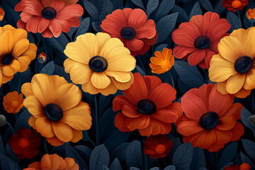 retro theme of gerberas flowers in retro colors, designed for wallpaper, with simple shapes and bold colors. --ar 3:2 --tile --stylize 750