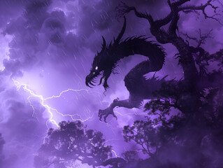 A powerful storm with strong winds and flashes of lightning creates a purple glow as a majestic dragon silhouette towers over swaying trees in this  image.