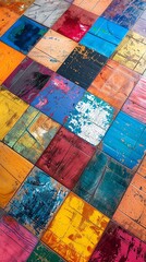 Aerial view of a colorful arrangement of vinyl tiles, forming a vibrant patchwork that illustrates versatility in design