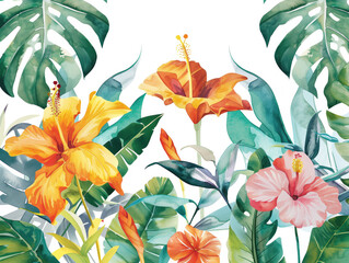 Lush tropical watercolor scene featuring vibrant foliage, palm leaves, traditional chants, callas, and hibiscus flowers on a white backdrop reminiscent of a greenhouse.