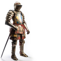 Obraz premium Warrior, British knight in armor, the best soldiers in the world. White background, isolate. AI generated.