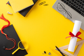 Top view of a graduation cap, diploma with red ribbon, eyeglasses, and laptop on a bright yellow background symbolizing academic success and online education