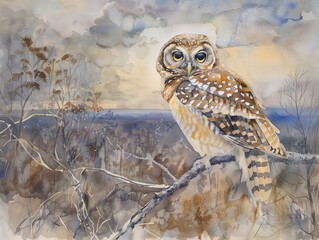 Watercolor painting of a winter night: a spotted owl perched on a tree branch against a dusk grey sky.