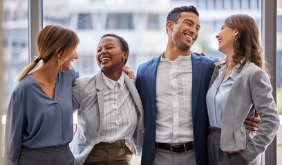 Happy, laughing and funny business people hug in office for meeting success, goal and startup pitch...