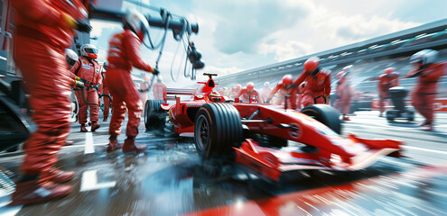 A red Formula One car in a pit stop with a racing crew
