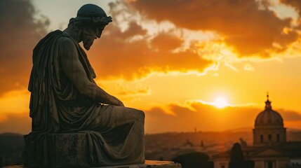 philosopher statue overlooking a sunset in ancient rome. AI generated illustration