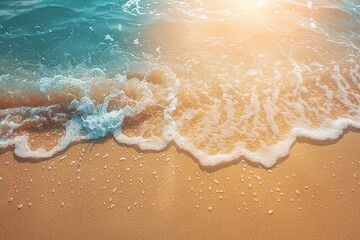 3D rendered abstract sandy beach from above with clear blue water waves and sun rays, summer...