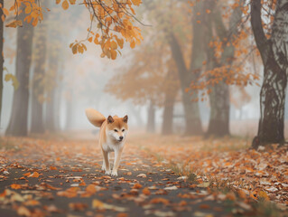 a Shiba Inu enjoys a peaceful stroll through the misty autumn park, savoring the tranquil atmosphere.