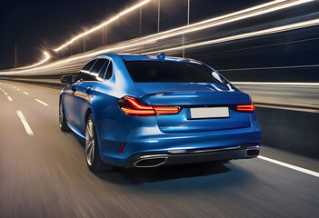 Fototapeta premium Blue modern racing car on the road with motion blur background.