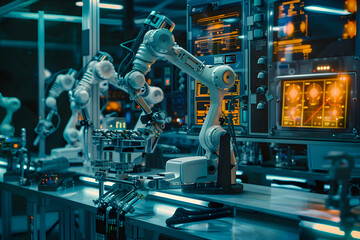 Naklejka premium Futuristic Robotics Manufacturing Factory - Innovative High-Tech Industrial Production