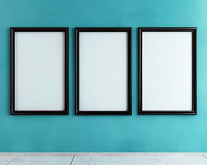 Trio of black frames against a cerulean blue wall crisp and inviting