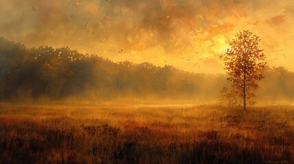 Golden misty sunrise on the pond in the autumn morning. Trees with rays of the sun cutting through the branches, reflected in the water. AI generated illustration