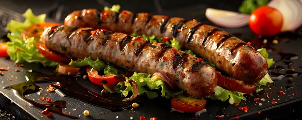 Delectable hotdog sausages, expertly grilled and kept warm, adorned with crisp lettuce, juicy...