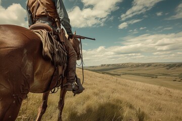 A man confidently rides on the back of a strong and majestic brown horse.