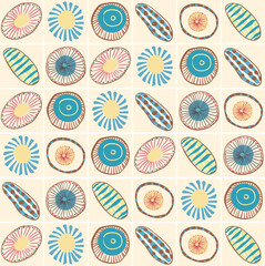 Ceramic round abstract tile pattern. Vector organic background with circles, stripes and dots. Hand drawn drawings in a retro color palette. For fabrics, decor, cards and templates, tiles.