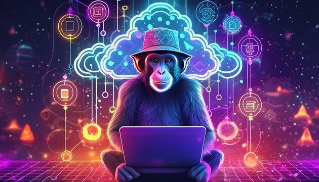 Ein Affe mit Hut sitzt am Computer und interagiert mit der Cloud dargestellt als 3D Hologramm. Neonlichter.