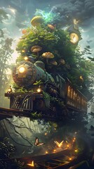Enchanted Steam Engine Traversing Mystical Woodland Landscape