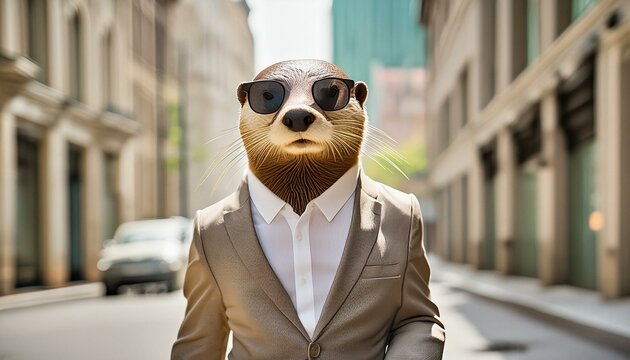 Portrait eines seri&ouml;sen Business Otter im Anzug und Sonnenbrille in einer Gro&szlig;stadt, Gesch&auml;ftsmann, Tiere
