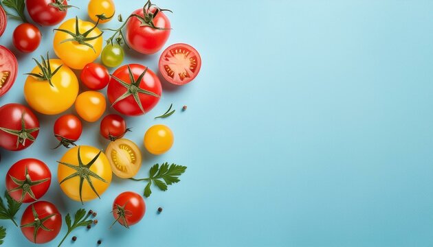 Verschiedene Sorten von Tomaten in unterschiedlichen Farbe auf hellblauem Hintergrund, Raum f&uuml;r Text, Sommer