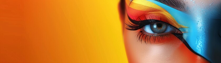 A striking close-up of a woman's eyes featuring bold, colorful artistic eye makeup in orange, blue,...
