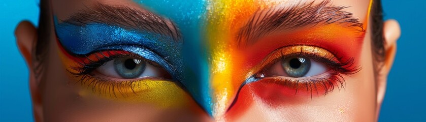 A striking close-up of a woman's eyes featuring bold, colorful artistic eye makeup in orange, blue,...