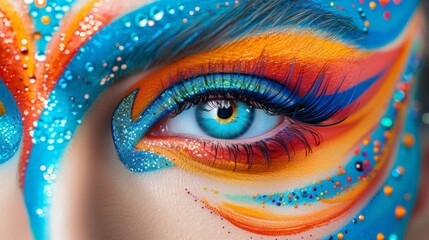 A close-up image of a woman's eyes adorned with vibrant, colorful rainbow face paint and striking makeup, showcasing artistic creativity.