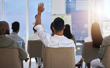 Business meeting, presentation or questions by people with hand sign for workshop feedback,...