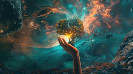 On World Environment Day picture this a human hand cradling a heart shaped big tree against a backdrop of stunning abstract nature scenes