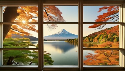 Blick durch ein Fenster auf Mount Fuji und einen See im Herbst, weiches Licht, Urlaub, Jahreszeit,...