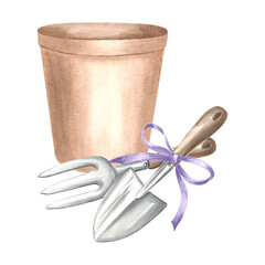 Flower pot with trowel and rake. Gardening tools and supplies. Hand drawn watercolor illustration, isolated composition for growing. Equipment for garden, plants Template for package, sticker, print.