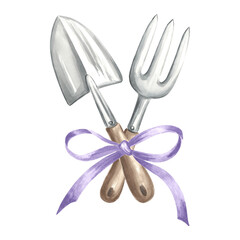 Trowel and rake with silk bow. Garden tool for cultivating land. Equipment for farm, garden, plants. Hand drawn watercolor illustration, isolated composition. Template for package, sticker, printing.