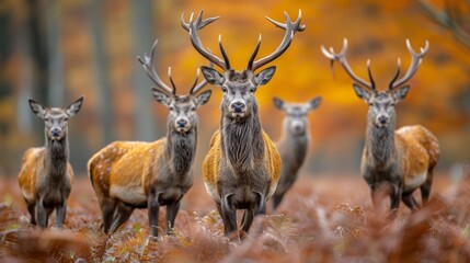 Majestic Red Deer Stag and Herd in Autumnal Forest, Vibrant Fall Colors