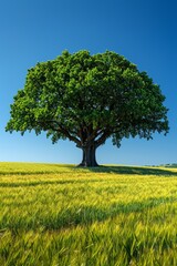 Fototapeta premium Majestic Oak Tree Standing Alone in a Vibrant Field of Wheat Under a Clear Blue Sky