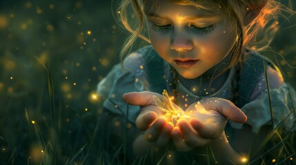 A digital illustration of a young child with a tender smile, cradling a small, glowing firefly in her cupped hands, in a dusky meadow
