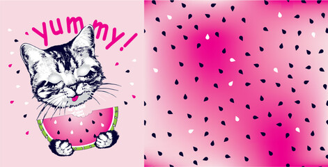 Watermelon seeds seamless pattern. Cute kitten cat face with watermelon. Vector illustration.