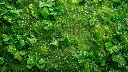 Aerial view of a stretch of green grass with dew drops. Grass background.