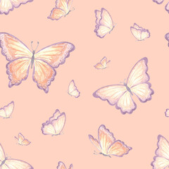 Butterflies peach Seamless pattern. Watercolor flying insect. Spring summer hand drawn illustration. Tropical wild animals. Drawing endless template for wallpaper, scrapbooking, wrapping, textile.