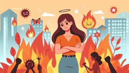 Calm Woman Cartoon Chaos Fire Angry Crowd