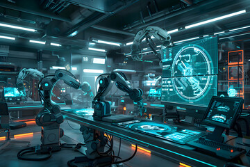 Fototapeta premium Futuristic Robotics Manufacturing Factory - Innovative High-Tech Industrial Production