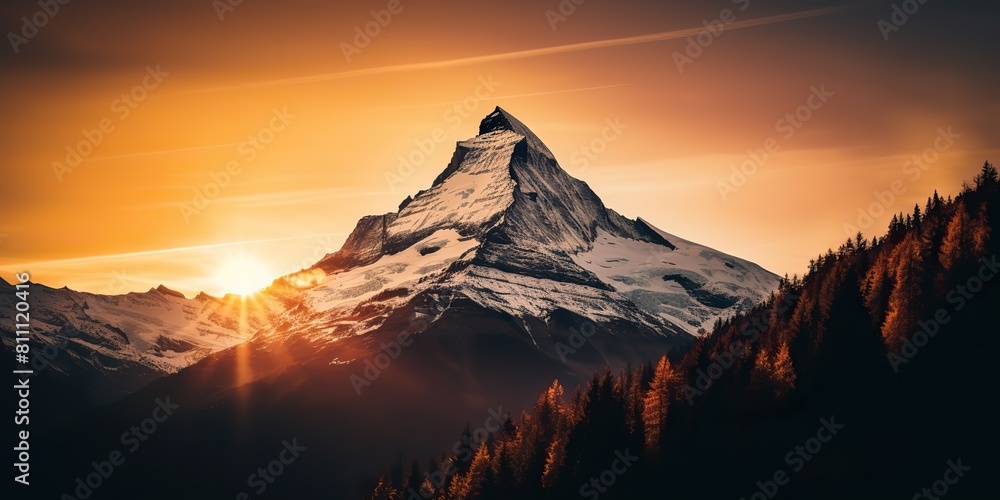 Wall mural amazing beautiful rock hills mountain peak sunrise ligh beam. adventure travel nature outdoor landsc