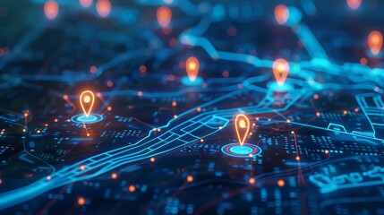 Technology Concept : Animated screen of a city map app with GPS pins rising.