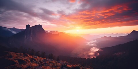 Fototapeta premium Amazing beautiful rock hills mountain peak sunrise ligh beam. Adventure travel nature outdoor landscape background scene view
