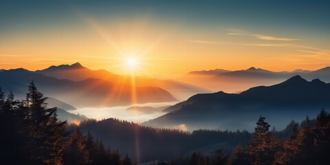 Amazing beautiful rock hills mountain peak sunrise ligh beam. Adventure travel nature outdoor landscape background scene view