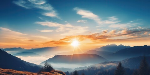 Fototapeta premium Amazing beautiful rock hills mountain peak sunrise ligh beam. Adventure travel nature outdoor landscape background scene view