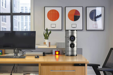the office, there is an electric power strip under the desk with a gray metal cover. On top of it are three paintings depicting product design with high resolution. The power strip has an LED light em