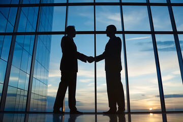 silhouette of two businessmen shaking hands at the big windows office building