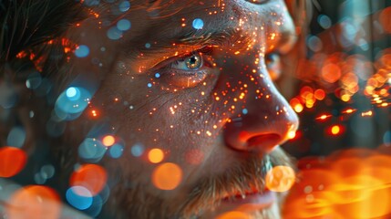 Intense portrait of a man with glowing red digital overlays, symbolizing connection and data interaction
