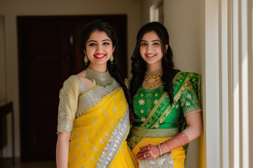 two beautiful indian women wearing traditional saree