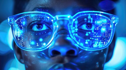 Close-up of an African-American man wearing futuristic blue glasses with digital overlays reflecting in the lenses
